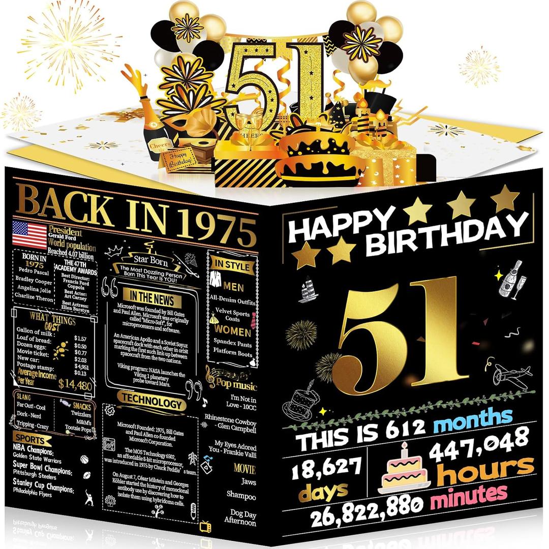 Joycard 51st Birthday Card for Women Men, 3D Pop Up Happy Birthday Gift for Mother Dad, Funny 51 Year Old Birthday Decorations for Wife Husband, Back in 1975 Laser Gold Retro Theme