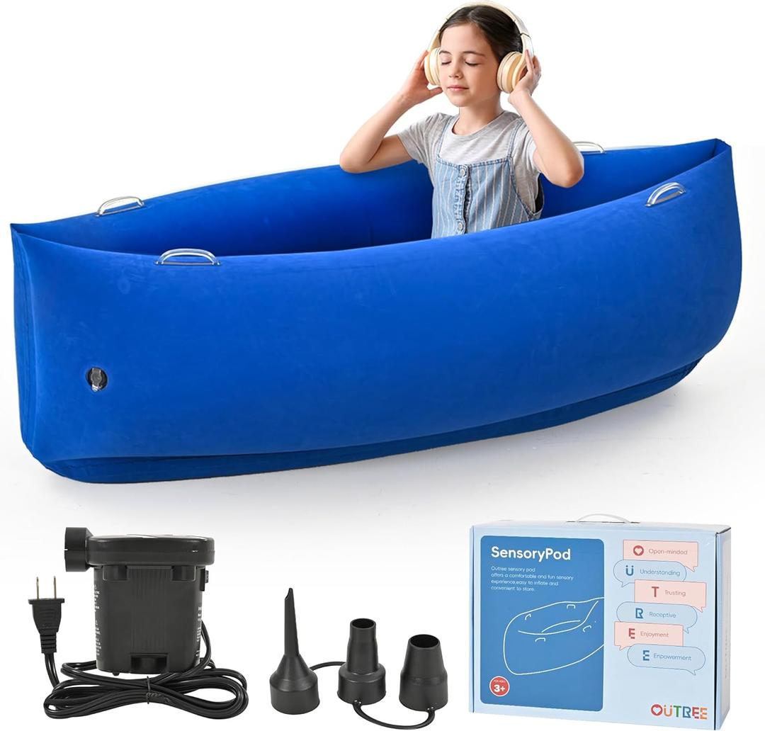 OUTREE Upgraded Sensory Chair for Kids  60" Sensory Pod Inflatable Peapod for Children, Includes Electric Air Pump,Sensory Toys Giftfor Kids with Autism,Blue