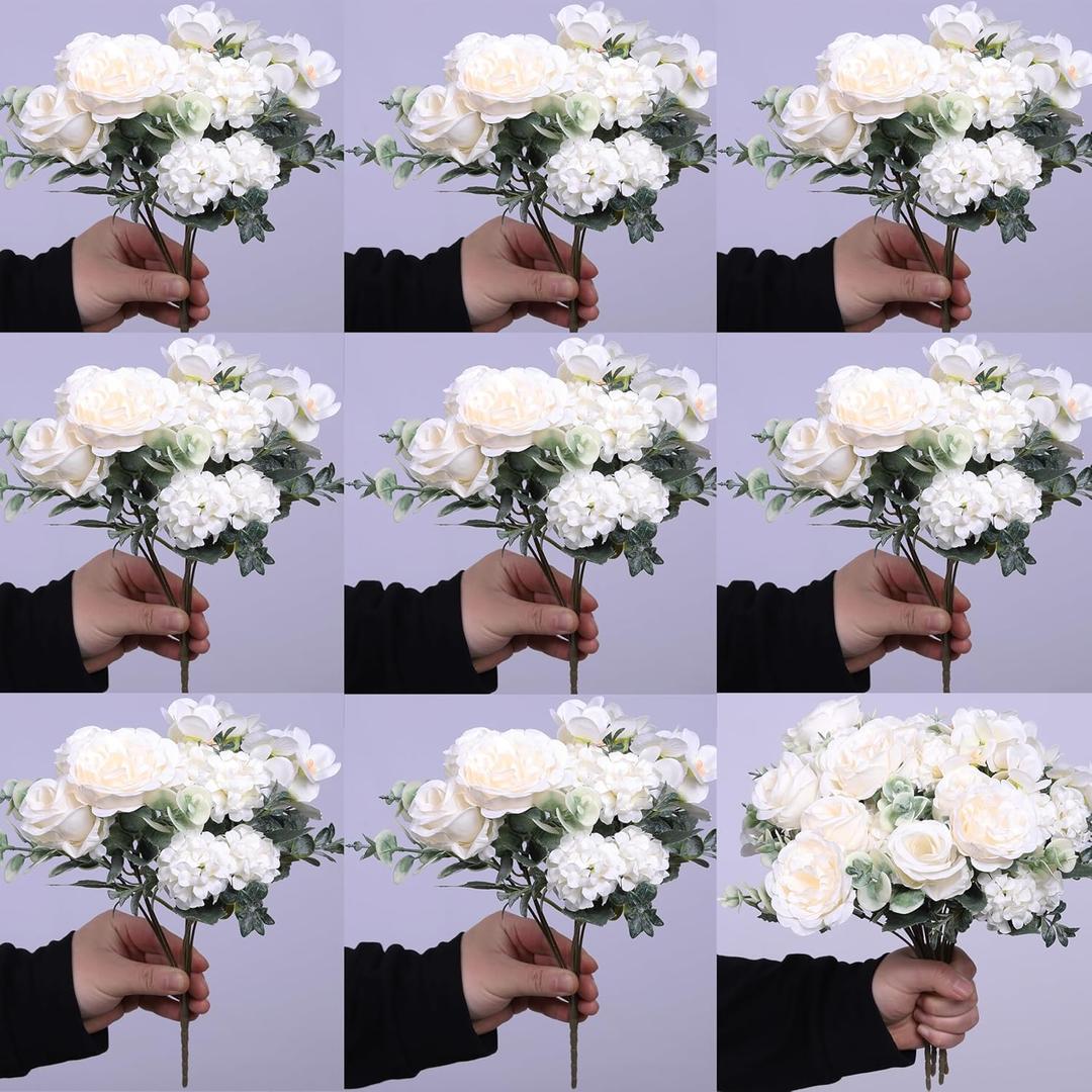 8 Pack Artificial Peony Flowers, Silk Peonies Flowers Fake Peonies Artificial Flowers Peonies Hydrangea Bouquet for Centerpiece Table Wedding Party Home Decor (8, White)