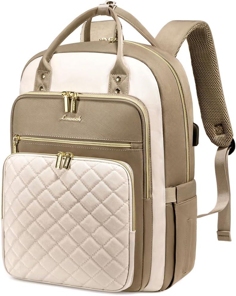 LOVEVOOK Laptop Backpack for Women, Water Resistant Travel Work Backpacks Purse Stylish College Business Teacher Nurse Computer Bag with USB Charging Port, Fits 15.6" Laptop (D-beige&khaki)