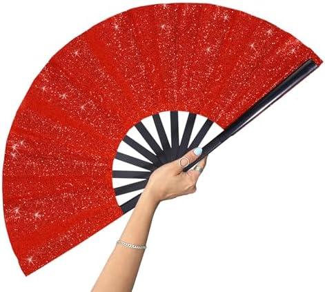 Pack of 3, GeGeYa Large Folding Fan-Hand Fan Popping Fan for Line Dancing Clacking Fans for Boots On The Ground Dance, Party,Outdoor,Decoration (Red Glitter)