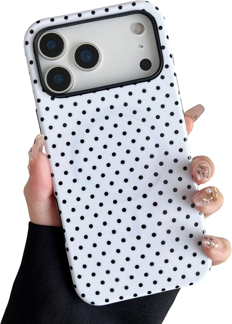 ZTOFERA Magnetic Case for iPhone 17 Pro Max, Compatible with Magsafe, Polka Dot Aesthetic Phone Case Cute for Girl Women, Hard PC+Soft TPU Protective Phone Cover for iPhone 17 Pro Max-White