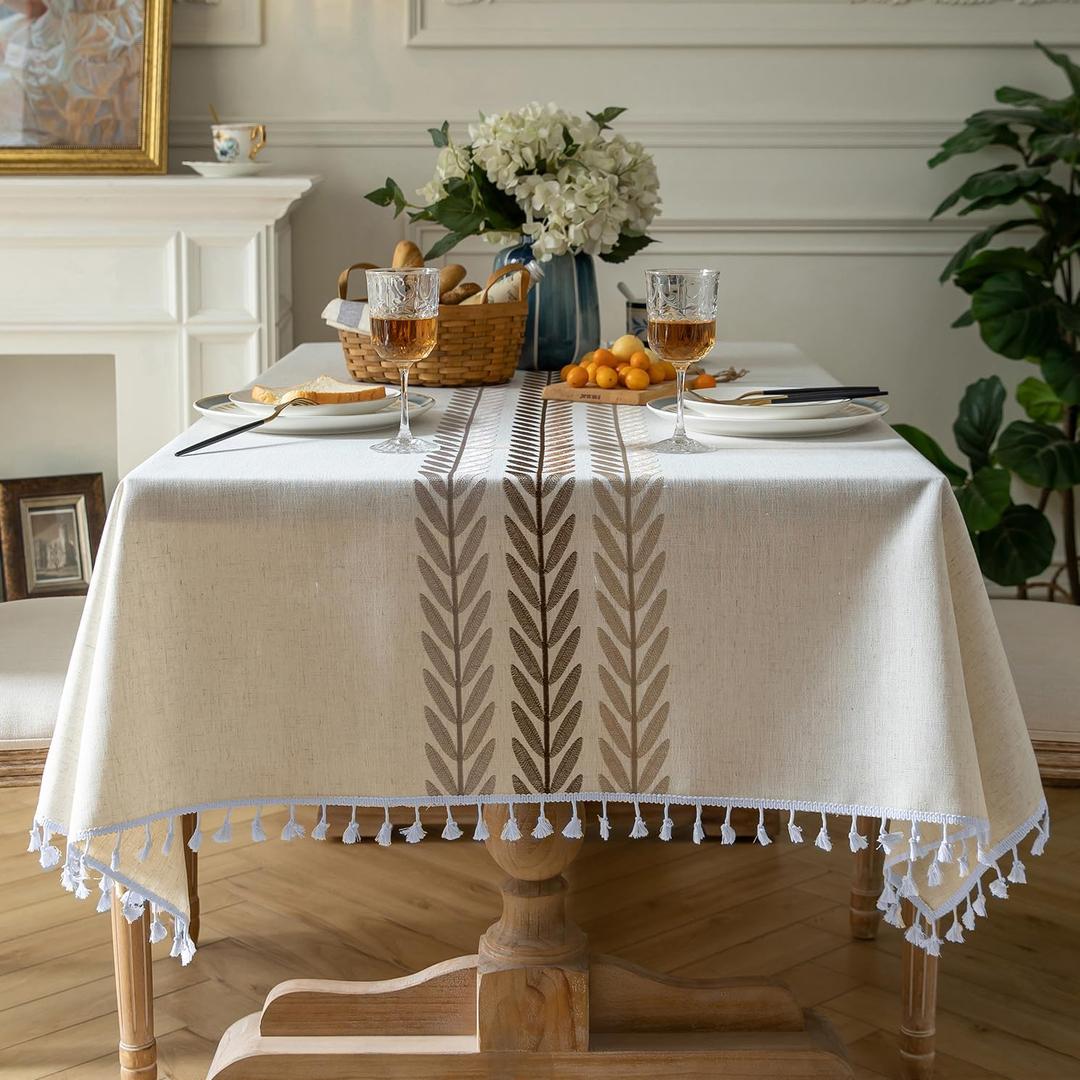 Oubonun Tablecloths for Rectangle Tables, Cotton Linen Waterproof Farmhouse Table Cloth with Boho Tassels  Wrinkle Free, Wipeable & Washable for Kitchen & Dining, 55''x120'', 10-12 Seats (Beige, Wine Leaf)