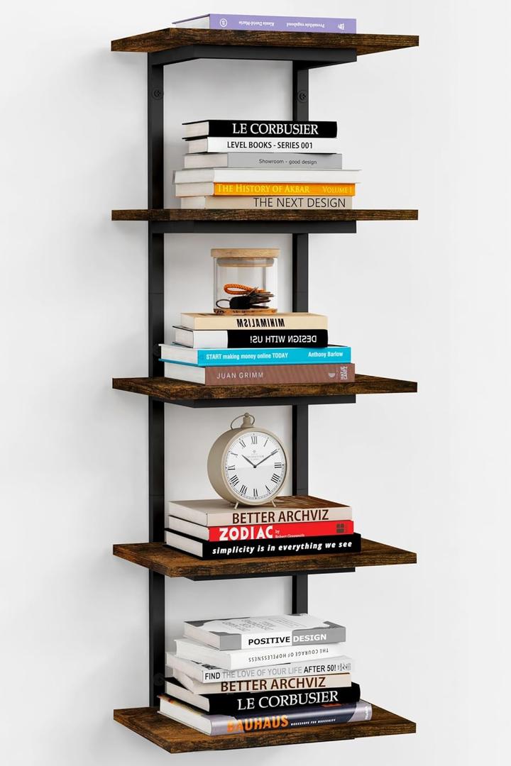 5 Tier Wall Bookshelf Unit for Bedroom Books, Large Floating Book Shelves Wall Mounted, Rustic Wood Lack Tiered Hanging Shelf for Kitchen Office Living Room Corner (Dark Brown)