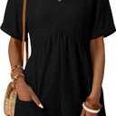 AlvaQ Womens Summer Short Sleeve V Neck High Waist Zipper Romper with Pockets (X-Large, Black)