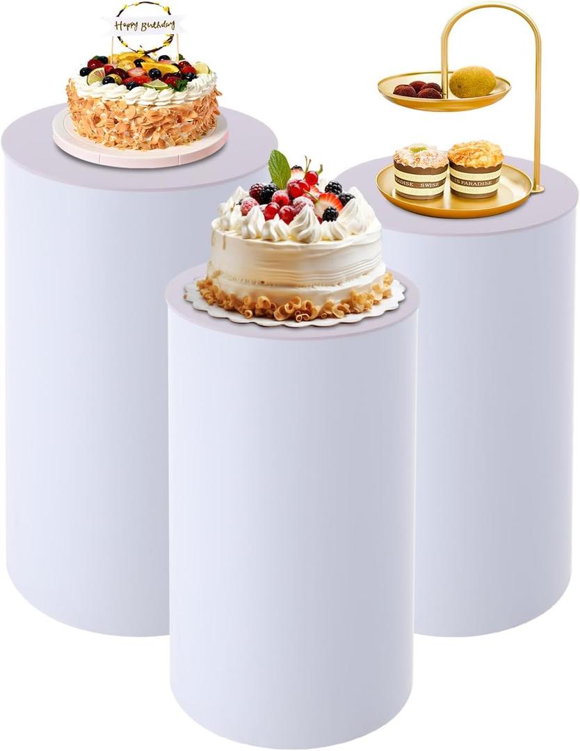 3 PCS Cylinder Pedestal Stands, White Round Cake Pedestal Stand, Large Cylinder Plinths Dessert Table Display Pillars, Metal Plinth Pillars for Wedding Birthday Party Ceremony Banquet Art Decor