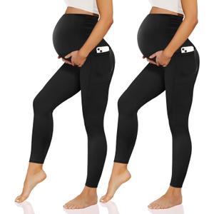 Happy.angel 2/3/4 Pack Maternity Leggings with Pockets Over the Belly, Womens Black Workout Yoga Pregnancy Pants (Medium)