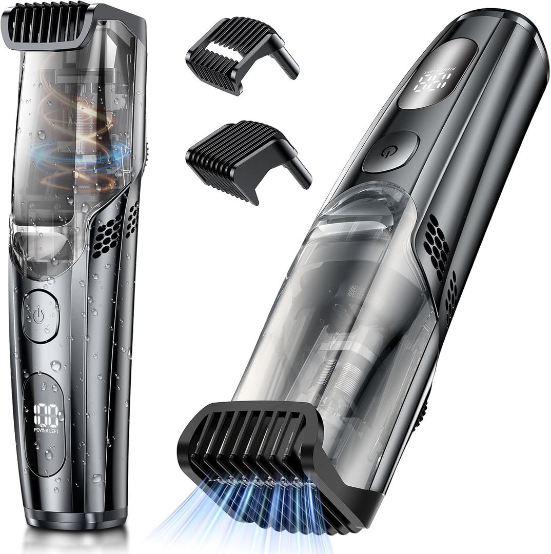 Advanced Vacuum Beard Trimmer for Men: Vacuum Mustache Trimmer with Precision Knob, Adjustable 20mm Length Settings, 2 Combs, IPX6 Waterproof-Rechargeable Vacuum Trimmer for Beard, Black