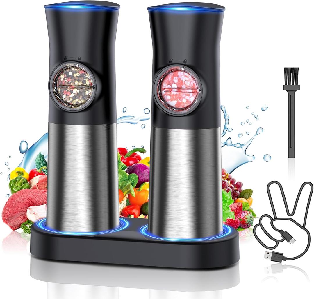 Gravity Electric Salt and Pepper Grinder Set - USB Rechargeable Automatic Grinder - Generous Capacity - Adjustable Fineness - One Handed Operation, Stainless Steel Construction, LED Light