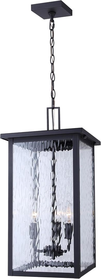 Ocino 3-Light Outdoor Pendant Light, Black Finish with Adjustable Chain Height and Textured Glass, Wet-Rated Lighting Ideal for Porches, Patios, Entryways