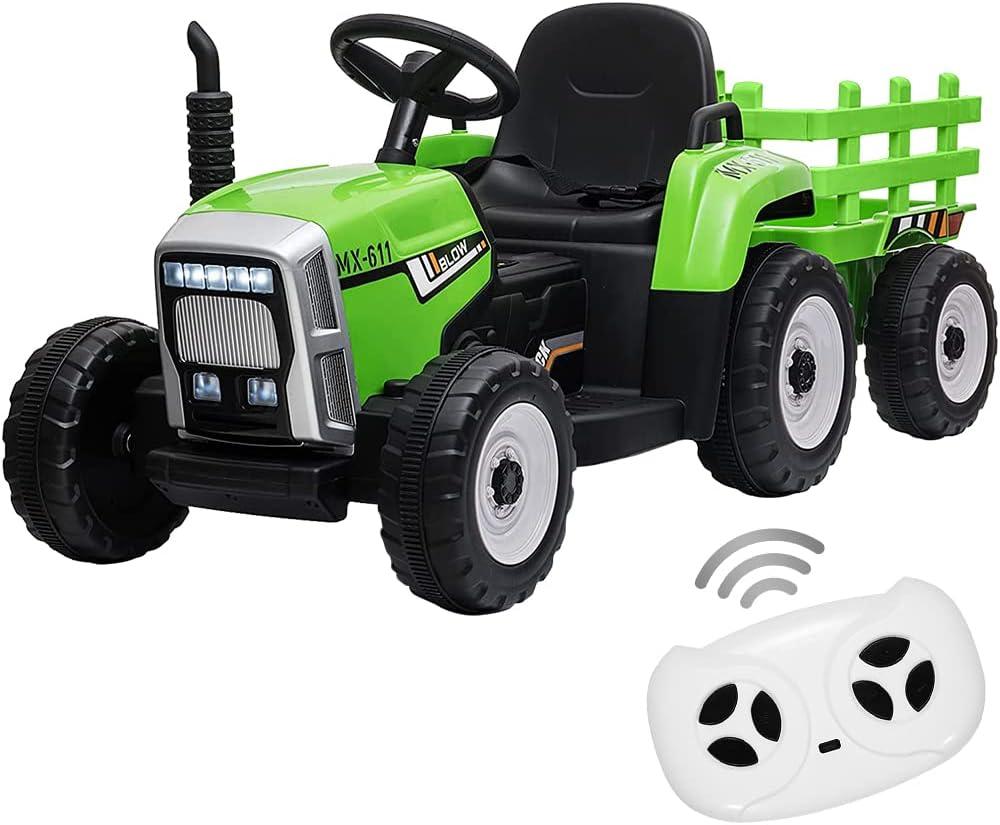 Kids Ride On Tractor with Green Trailer & Remote Control, 12V Toddler Battery Powered Electric Vehicle with Slow Start 7LED Headlights USB Music Player 2+1 Gear Shift, Green Trailer, 25W/Treaded Tires