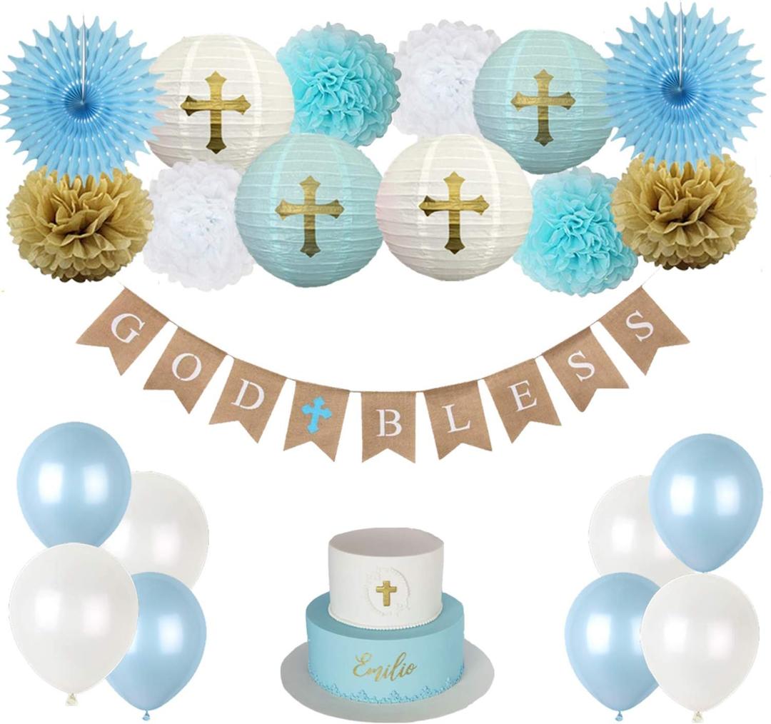 CHRORINE Baptism Decorations for Boys, First Communion Confirmation Decorations, God Bless Banner and Blue Party Decorations - Blue Set
