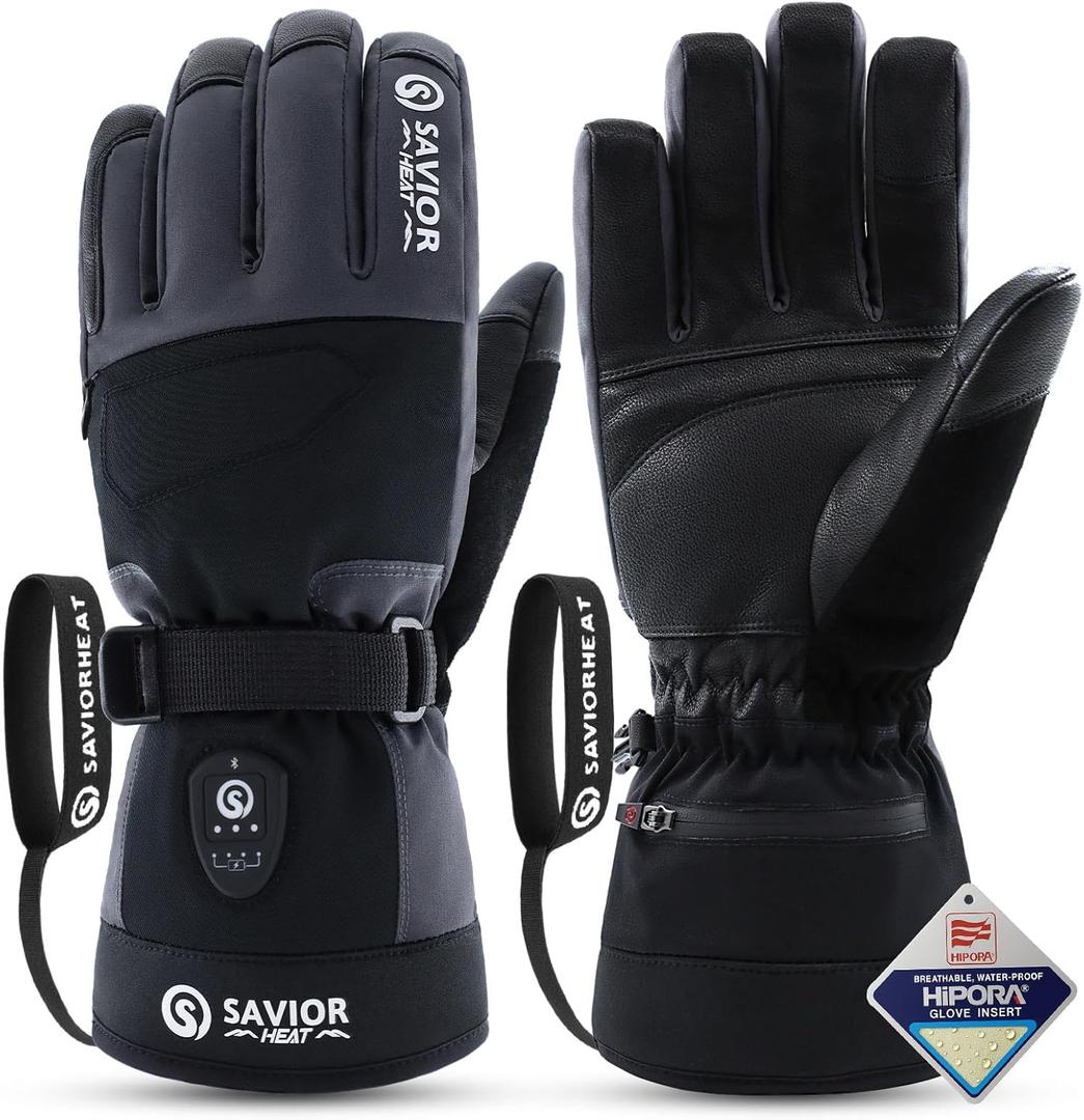 SAVIOR HEAT 3.0 Heated Ski Gloves for Men&Women,7.4V 3000mAh Anti-Freeze Battery, PD Fast Charging&Bluetooth APP Control,Waterproof Goat Leather,3M Thinsulate for Skiing Motorcycle (X-Large, BLACK)