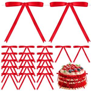 60 Pcs Red Bows for Gift Wrapping, Red Valentines Day Satin Ribbon Bows for Cake Decorating Crafts Treat Bags, 5 x 7 Inch