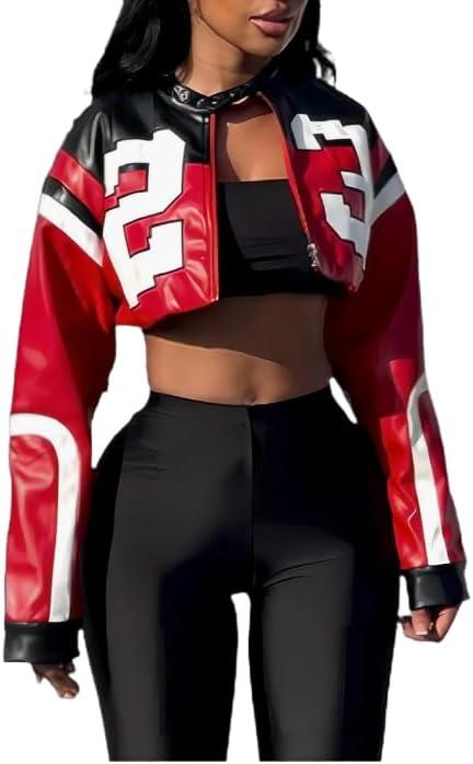 VOIKERDR Leather Jacket Cropped Jacket Motorcycle Jacket Y2K Letter Bomber Jacket Women Faux Leather Jacket Streetwear (Red, M)