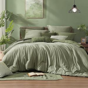 Monbix Queen Comforter Set - 7 Pieces Cationic Dyeing Sage Green Bed in a Bag Queen Bedding Sets with Comforter, Sheets, Pillowcases & Shams, Reversible Bedding Comforters Sets
