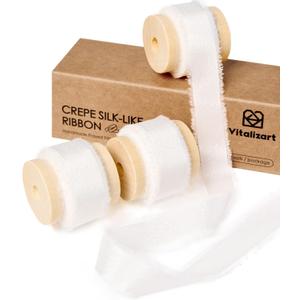 Vitalizart White Ribbon Double Face Silky Satin Ribbon 5/8" Crepe Silk Like Handmade Frayed Fringe for Gift Wrapping Baby Shower Wedding Bridal Bouquets Holiday Decor 15 Yard Cream Ivory White