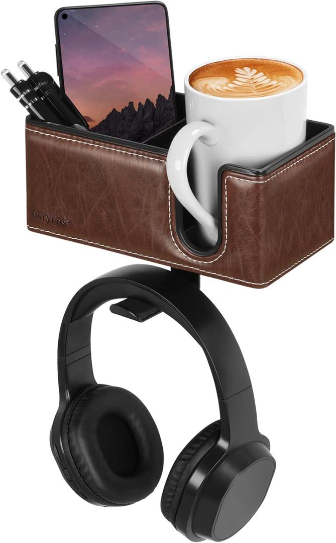 Desk Cup Holder Clip on Pen Holder Headphone Hanger Headset Stand Rotatable Clamp Hook Under Desk, Brown 