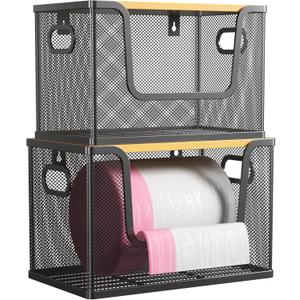 2 Pack Trash Bag Holder with Bamboo Cover, Metal Garbage Bag Dispenser for Kitchen Organization and Storage, Stackable Trash Bags Dispenser Under Sink Organizer Fit 13/30 Gallon Roll, Black