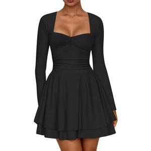 AGSEEM Womens Mini Dress Long Sleeve Square Neck Ruffle Hem Corset Ruched Waist A Line Short Party Dresses (Black, S)