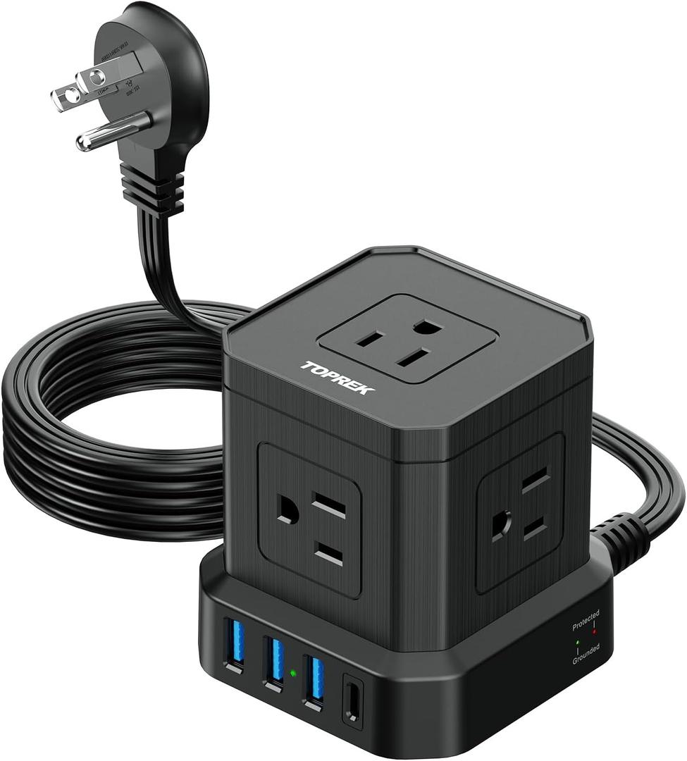 TOPREK Power Strip with USB, USB C (3.0A) Power Strip with 5 Outlets, 1 USB-C & 3 USB-A, 5 FT Flat Extension Cord with Ultra Thin Flat Plug, Surge Protector Compact for Home Office, Dorm, Hotel Travel