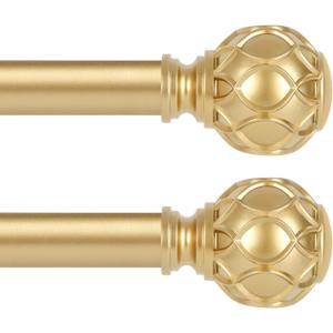 Gold Adjustable Curtain Rods for Windows:Farmhouse Heavy Duty Curtain Rod for Bedroom Living Room,Boho Decorative Rustic Drapery Rod with Vintage Coastal Texture Finial,Brass Gold 2Pack 18-45"
