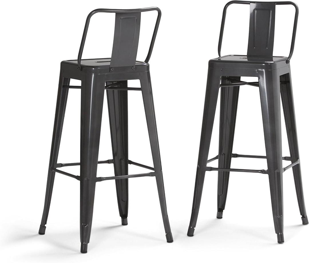 SIMPLIHOME Rayne Bar Stools (Set of 2) - 30 inch Seat Height Industrial Metal Chairs in Grey, Contemporary Seating for Kitchen or Bar with Curved Back, Under-Seat Cross Brace, and Footrest