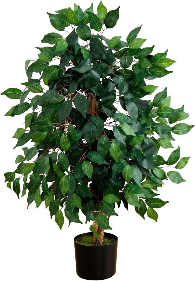 Nearly Natural 36in Triple Trunk Artificial Ficus Tree with Natural Wood Trunks, Fake Tree for Indoor Home Decor, Faux Ficus Plant in Black Nursery Pot (3ft)
