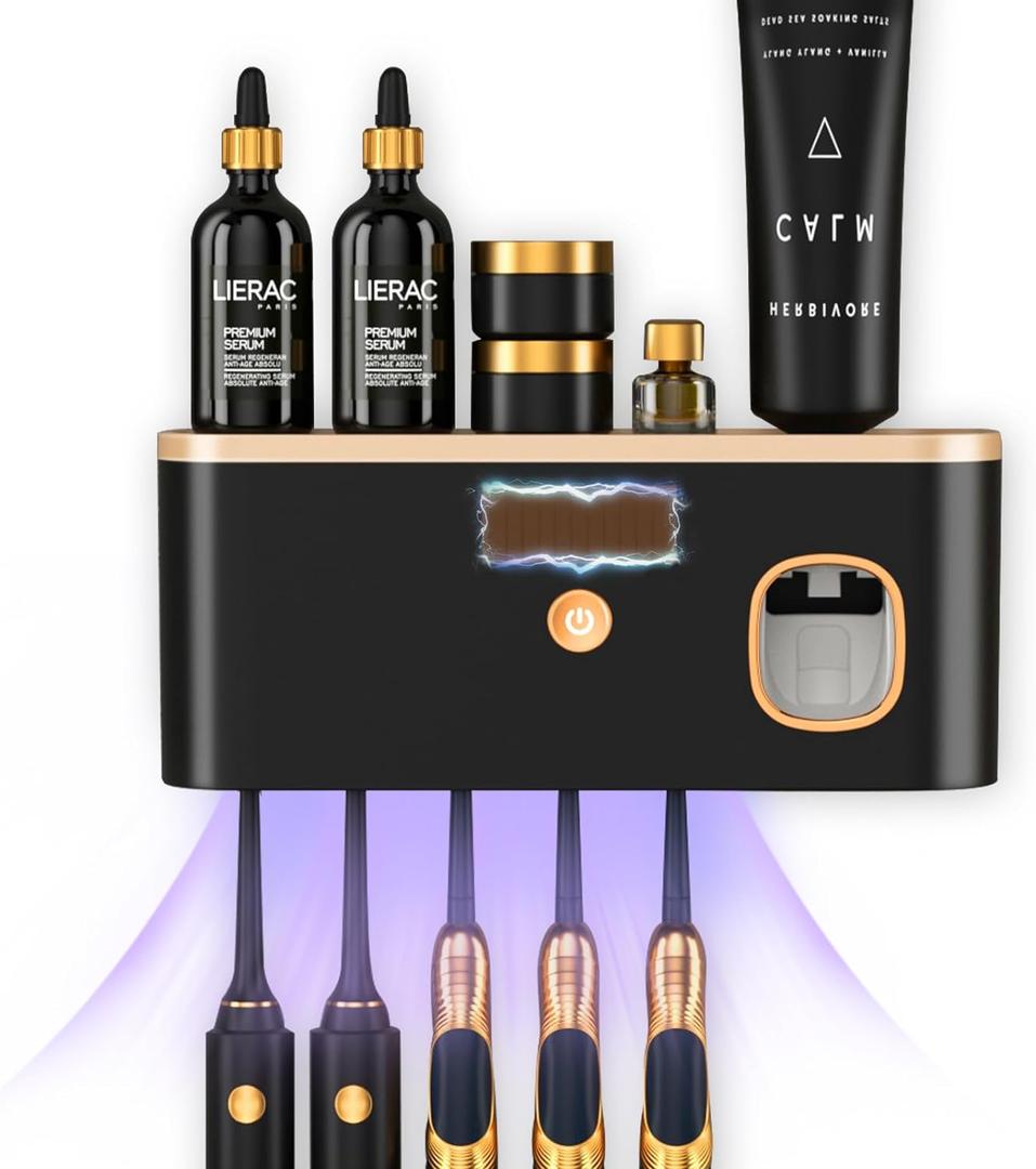 Toothbrush Holders for Bathrooms, Toothbrush Holder Wall Mounted with Toothpaste Dispenser, Rechargeable Cordless Wall Mounted Tooth Brushing Holder (Black Rose Gold)