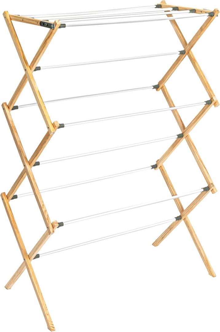 Household Essentials X-Frame Clothes Drying Rack, Stabile Wood Frame with Slanted Feet, Smooth Vinyl Wrapped Rods, 23.8 Feet of Hanging Space, Ready to Assemble, Flat Top, Natural (Natural/White Pine)