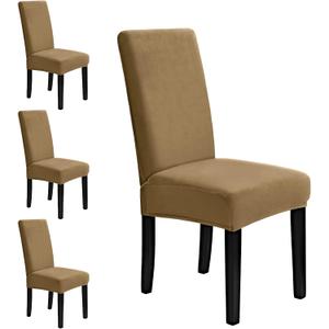 MOSAYT Velvet Stretch Chair Covers for Dining Room Set of 4 - Soft Slipcovers with Thick Removable Fabric for Parsons Chairs, Washable Seat Protectors for Kitchen, Banquet & Home Decor, Camel