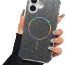 TEECOVER for iPhone 16 Case 6.1-Inch, [Clear Wavy Border][Sparkly Glitters][Fit for MagSafe] Shockproof Cute Slim Fit Magnetic Phone Case for Women & Girls - Black