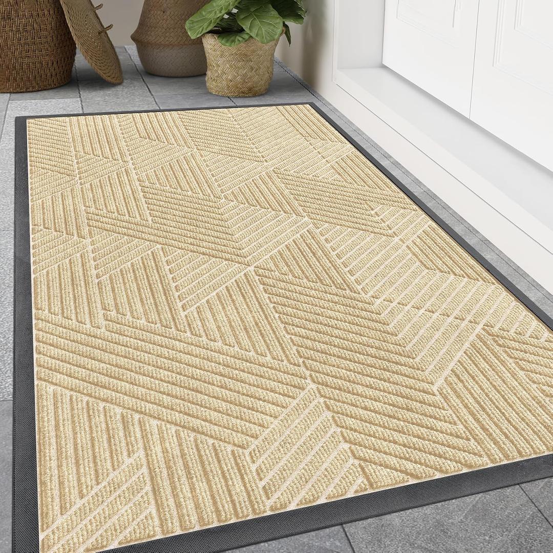 Smiry Front Door Mat Outside Entrance, Heavy Duty Sturdy Natural Rubber Doormat, Trap Dirt and Moisture, Easy Clean Low Profile Welcome Floor Mats for Indoor Outdoor Entry, 59x35 Inch, Beige