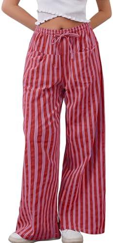 MISSACTIVER Women Drawstring Striped Pants Loose Wide Leg Trousers Casual Low Waist Pants Comfy Lounge Pants with Pockets, Small 