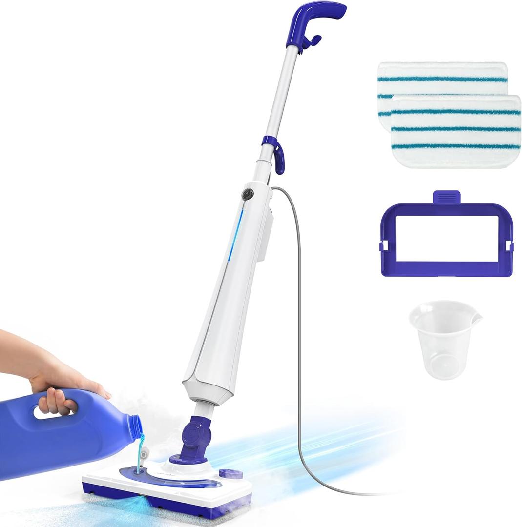 1300W Steam Mop Cleaner with Detergent Dispenser, 25s Fast Heating Floor Steamer for Hardwood and Tiles, Lightweight Carpet & Upholstery Steamer with 2 Washable Pads