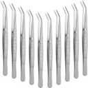 Honoson 10 Pcs Stainless Steel Tweezers for Crafting with Curved Serrated Tip Multipurpose Forceps Sewing Machine Tweezers Bulk (Silver)