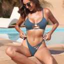 ZAFUL Women's Sexy Cutout Bikini Thong Bikini Set Tie Back Two Piece Swimsuit Bathing Suit (Small, Blue)