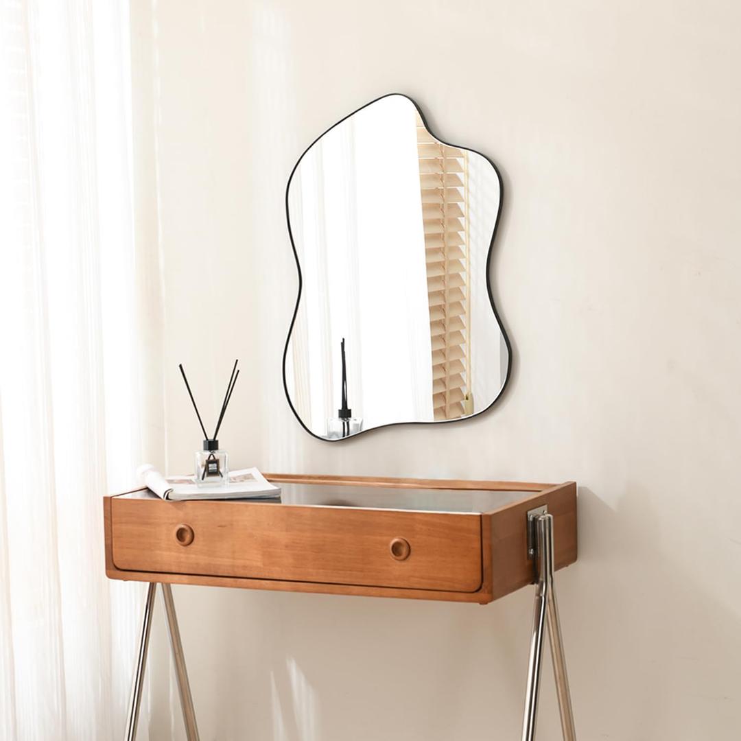 MSUMPTU Irregular Wall Mirror Black Wave Shaped Metal Framed Wall Mirror for Bathroom Bedroom Entryway Living Room Wall Decor 24" L x 18" W 2305B