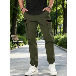 Men's Casual Cargo Pants Elastic Waist Breathable with Pockets (Large, Green)