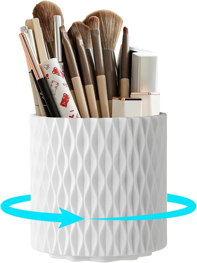 Makeup Brush Holder Organizer, 360 Rotating 5-Slot Make up Brushes Cup for Cosmetic, Lipstick, Hair Brush Holder - Spinning Vanity Countertop Caddy for Bathroom, Dorm & Office, White