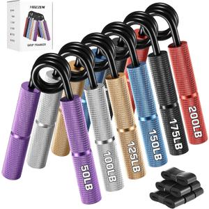 Grip Strength Trainer, 6 Pack Grip Strength Trainer Set (50-350LB), No Slip Hand Grip Strengthener, Wrist Forearm Strengthener with Grip Tape for Strength Training, Exercise, Injury Recovery (Purple+Silver+Gold+Blue+Black+Red (50-200 LBS))