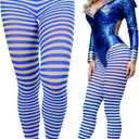 ToBeInStyle Women's Thin Horizontal Stripe Opaque Tights Pantyhose - Regular or Plus (Royalblue/White)