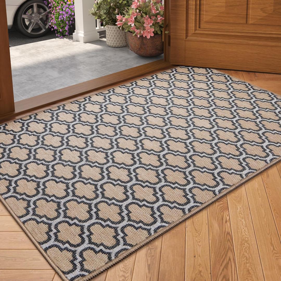 Color&Geometry Thin Indoor Entrance Mats for Home, 17"x29.5" Indoor Mats for Entryway Non Slip Rubber Backed, Dirt Trapper Door Rugs for Entryway Indoor Washable, Dark Khaki (Rolled-up NO Creases)