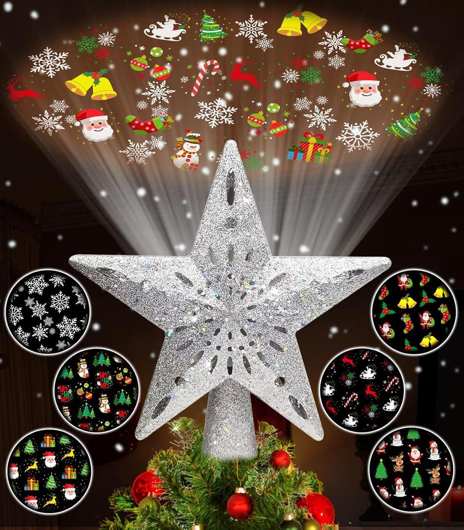 Tsorode Christmas Tree Topper Lighted, Star Tree Topper with Projector Built-in LED Rotating Lights with 6 Projection Modes,3D Glitter Dynamic Projection Christmas Decorations (Silver)