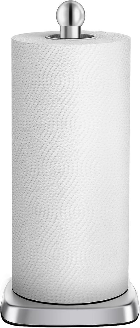 DAWNER SecureGrip Stainless Steel Paper Towel Holder Countertop, Paper Towel Stand, Dual-Weighted Suction Base for Kitchen & Bathroom (Brushed Nickel)