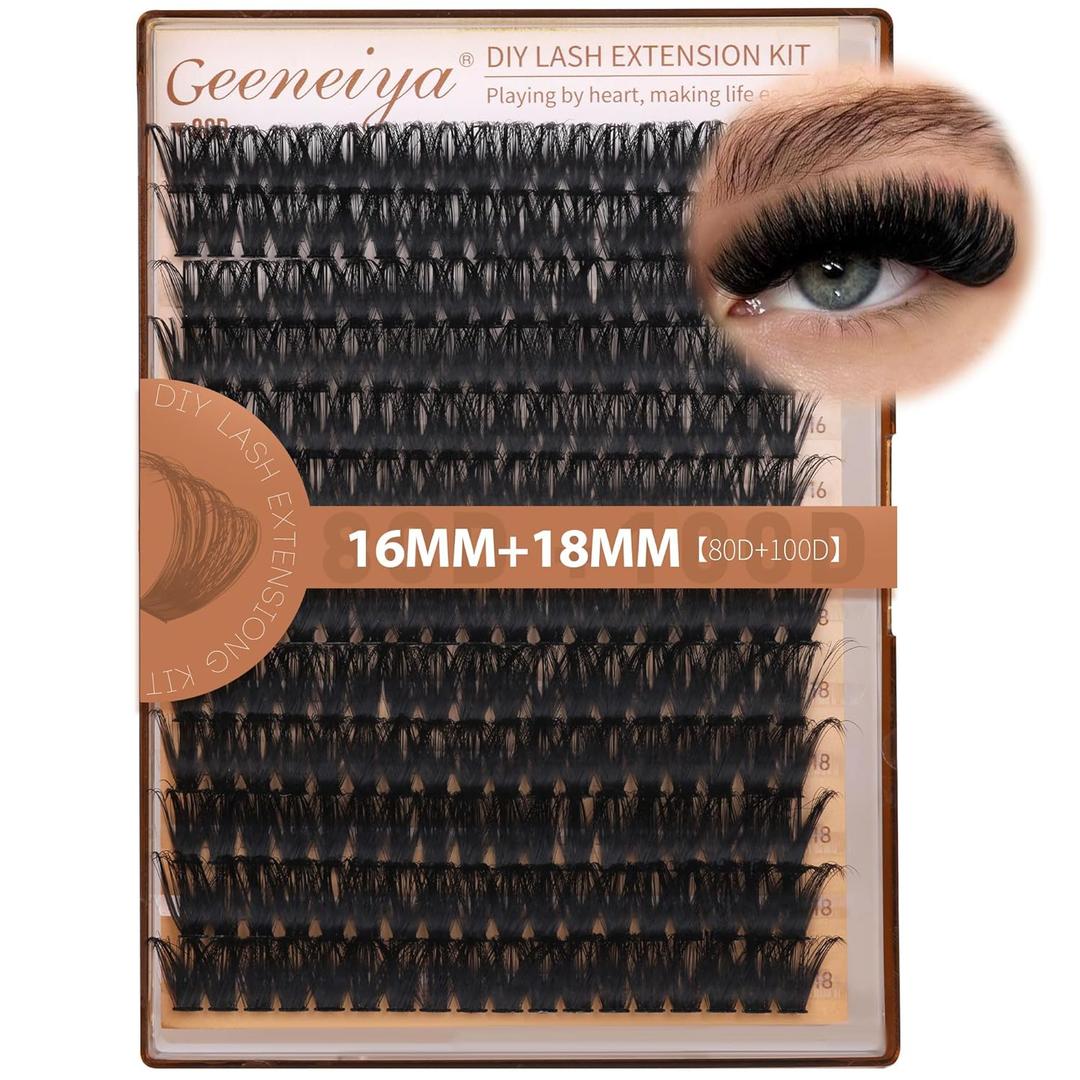 Geeneiya Volume Lash Clusters Kit DIY Lash Extension Kit D Curl Eyelash Extensions with Waterproof Lash Bond and Seal Waterproof Tweezers,Only 16-18MM, 80D+100D