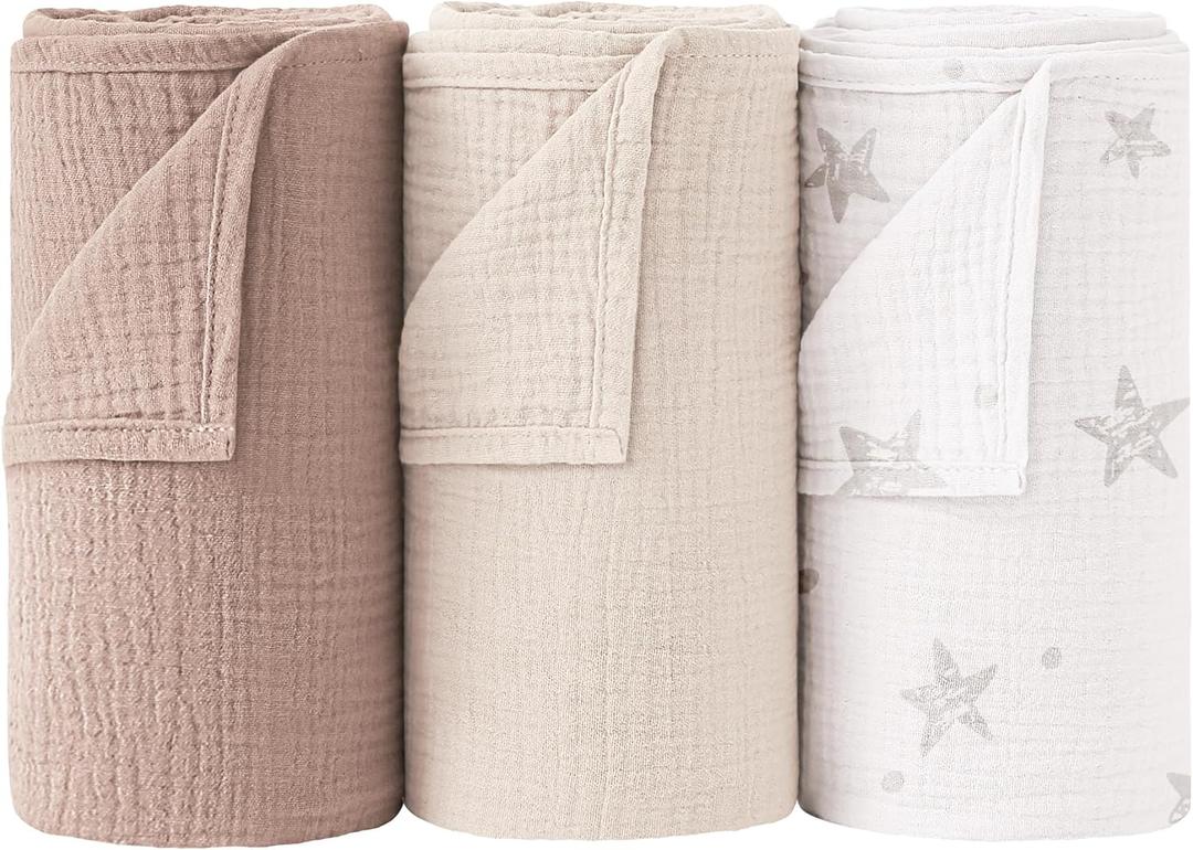 Bearmoss Muslin Swaddle Blankets, 40 x 38 inches Baby Swaddle for Boys and Girls, Soft Baby Blanket, 3 Pack Breathable Nursery Receiving Blankets (Beige Star)