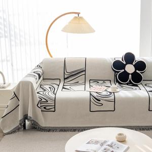 Boho Couch Cover, Chenille Couch Cover Soft Pet-Friendly Sofa Cover for Dog, Sofa Slipcover Multi-use Furniture Protector with Tassels,Washable Cover for 3 Cushion Sofa (71" x 118", French Murals Black)