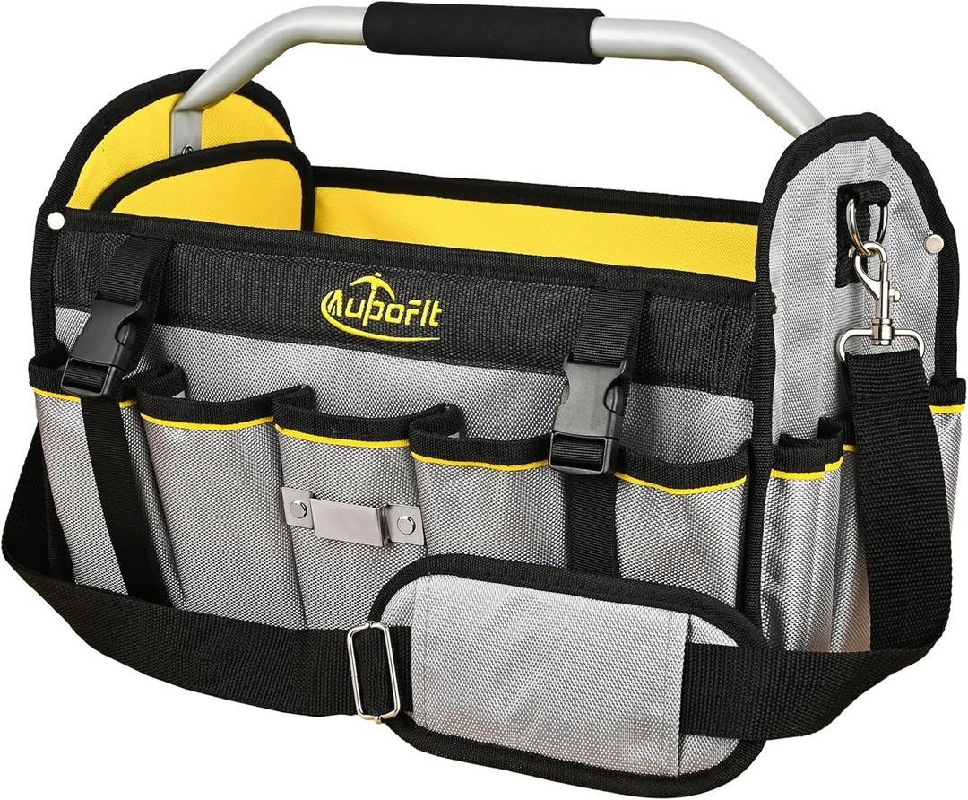 Electrician Tool Bag16 In, 1680D Polyester Fabric 29 Pockets Open Top Tool Bags with Stainless Steel Handle & Padded Shoulder Strap, Heavy Duty Tool Tote Bag (Yellow-Gray)