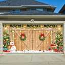 Upgraded Magnetic Christmas Garage Door Covers 7x16ft, Garage Door Christmas Cover with 59Ft Rope, Banner for Garage Door Decorations (Magnets*6 Included) (Light Wood Door)